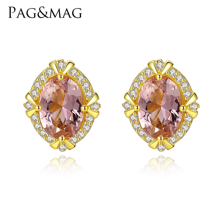 Oval Pink Gemstone Halo CZ Diamond Stud Earrings | Silver