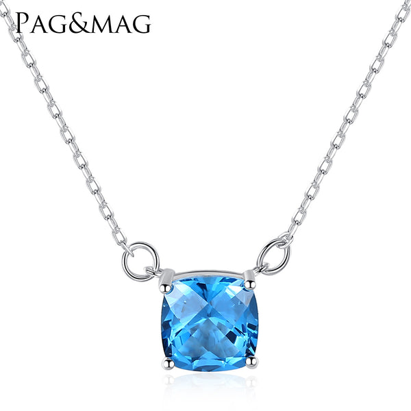Sky Blue Square Gemstone Pendant Necklace | 925 Silver