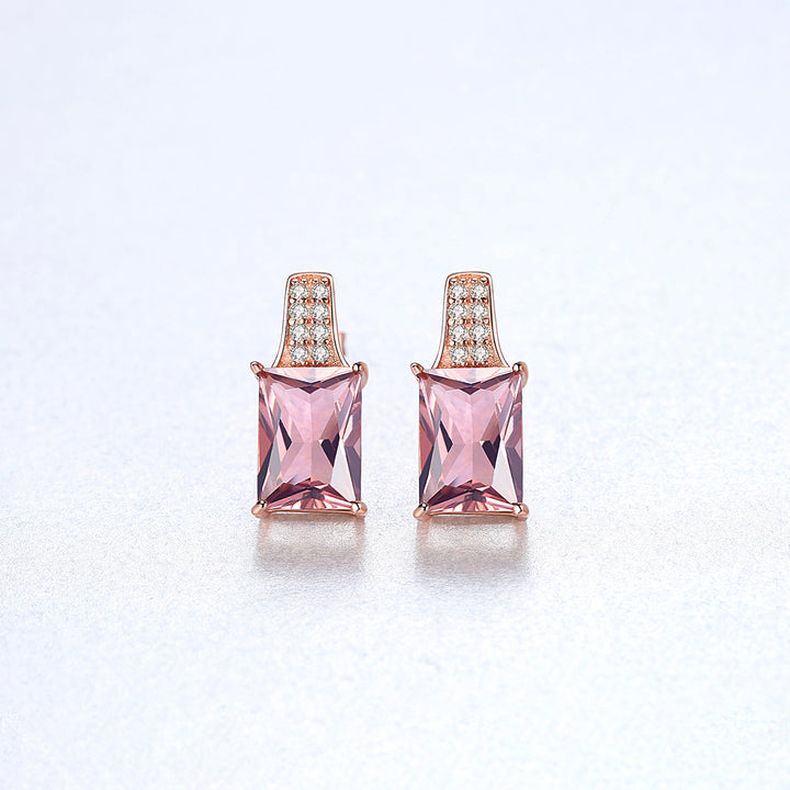 Rose Gold Rectangle Pink Gemstone Stud Earrings | 925 Silver