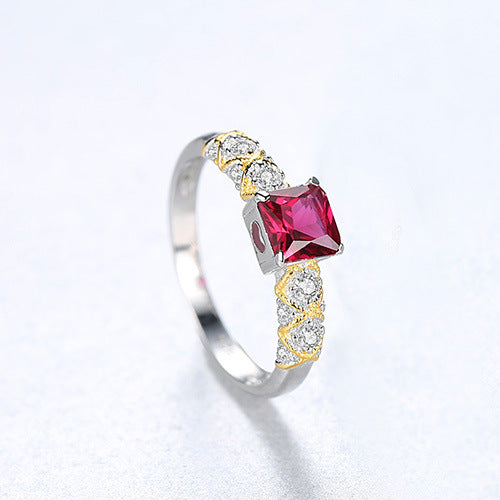 Ruby Square Shaped Gemstone CZ Diamond Wedding Ring