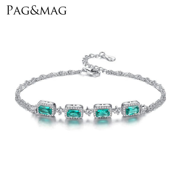 925 Sterling Silver 18K Gold Plated Luxury Emerald Gemstone Baguette Chain Bracelet SB0052