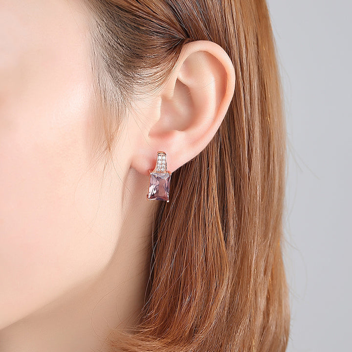 Rose Gold Rectangle Pink Gemstone Stud Earrings | 925 Silver