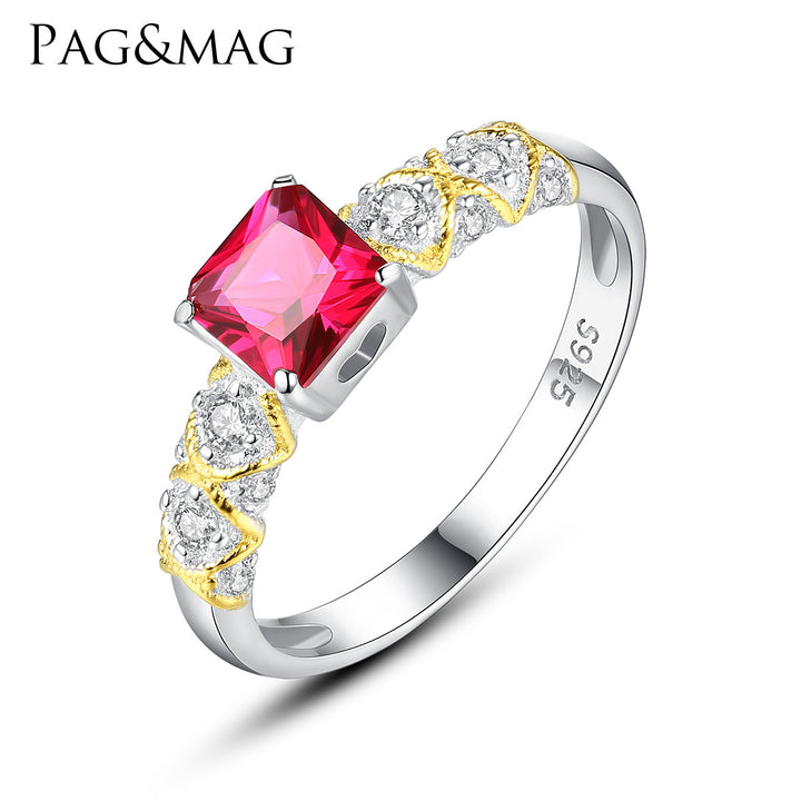 Ruby Square Shaped Gemstone CZ Diamond Wedding Ring