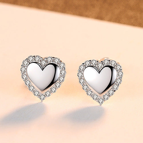 Solid Heart Halo CZ Diamond Stud Earrings | 925 Silver
