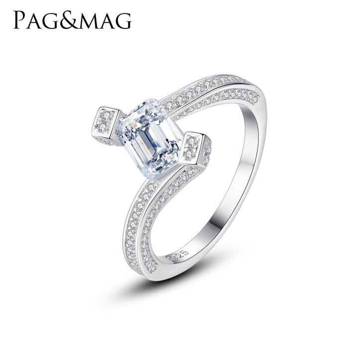 Rectangle Solitaire Multi Row CZ Diamond Engagement Ring 