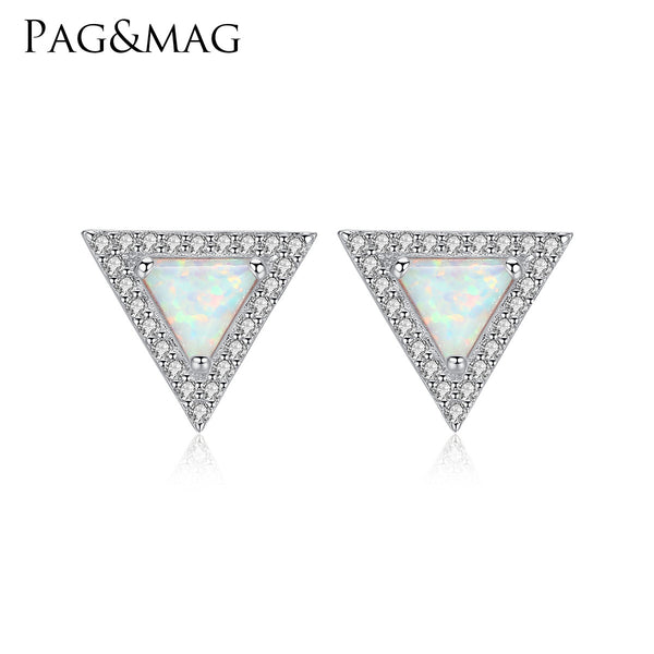 925 Sterling Silver Opal Earrings, Equilateral Triangle Halo CZ Diamond Opal Stud Earrings SE0423