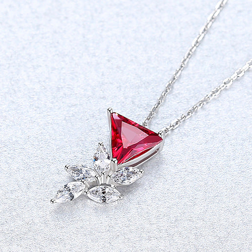 Unique Triangle Gemstone Flower CZ Diamond Pendant Necklace