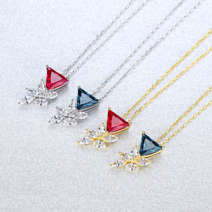 Unique Triangle Gemstone Flower CZ Diamond Pendant Necklace