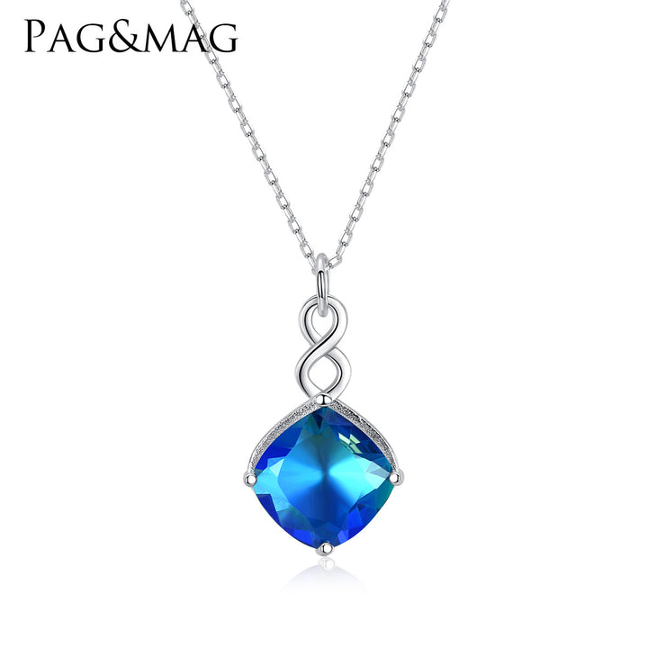 Square Sapphire Blue Gemstone Pendant Necklace 