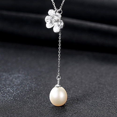 Freshwater Pearl & Flower Pendant - Sterling Silver Necklace