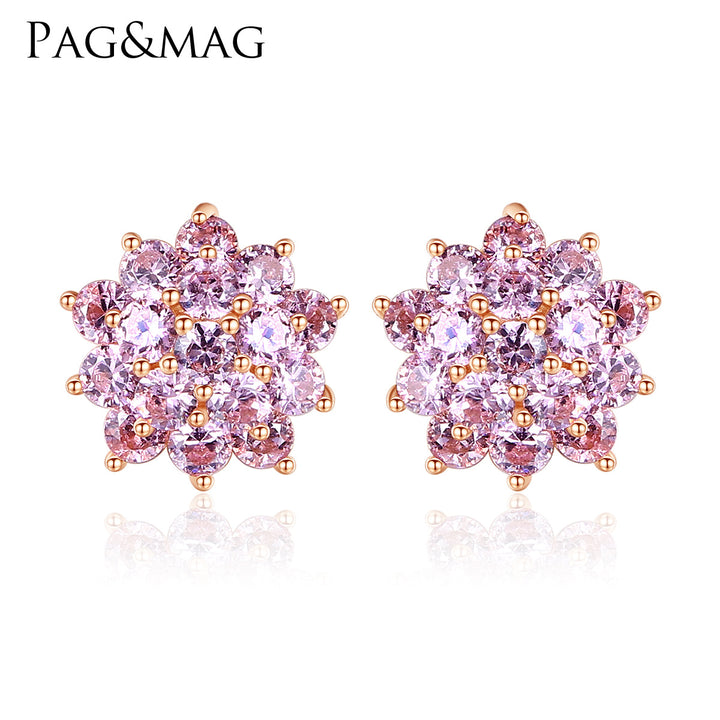 Pink Flower Cubic Zirconia Stud Earrings | Silver & Gold