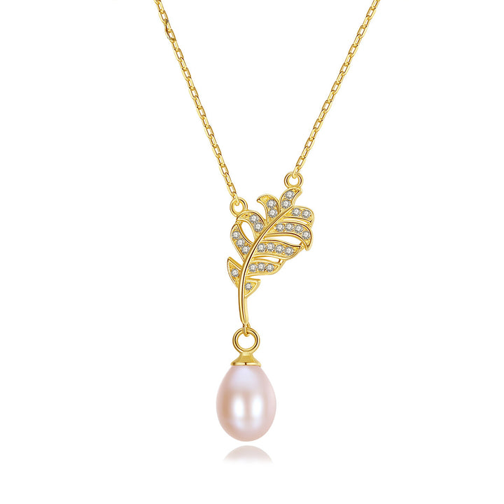 Freshwater Pearl Necklace with Leaf CZ Diamond Pendant