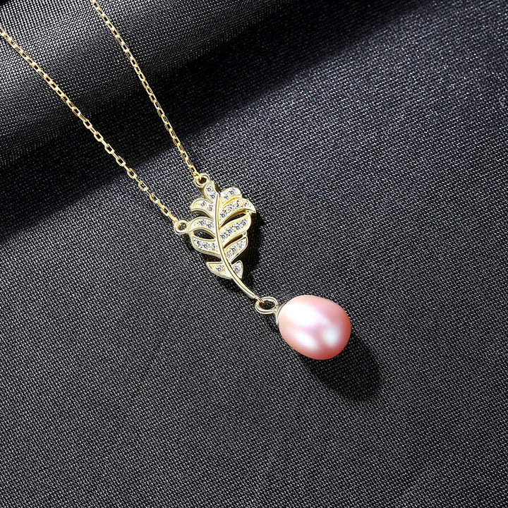 Freshwater Pearl Necklace with Leaf CZ Diamond Pendant