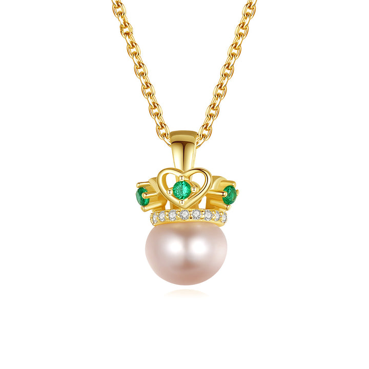 Lustrous Freshwater Pearl & Green CZ Diamond Crown Pendant