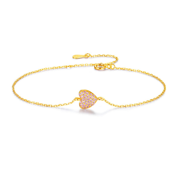  Heart Paving Setting Pink CZ Diamond Chain Bracelet