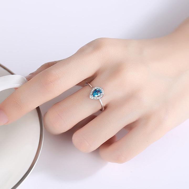 Pear Shaped Blue CZ Diamond Halo Engagement Wedding Ring