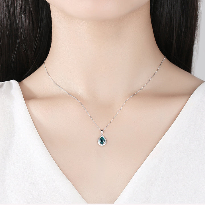 Teardrop Sky Blue Gemstone Halo CZ Diamond Pendant Necklace