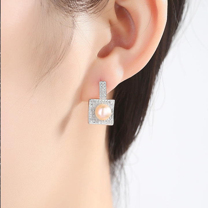 Square Halo & Freshwater Pearl Studs | 925 Sterling Silver