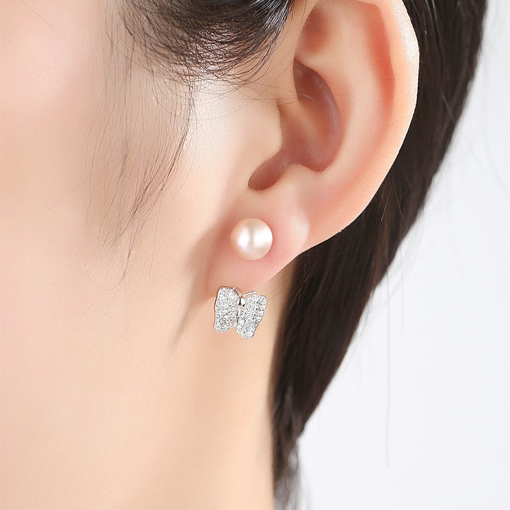 Butterfly & Pearl Stud Earrings | 925 Sterling Silver