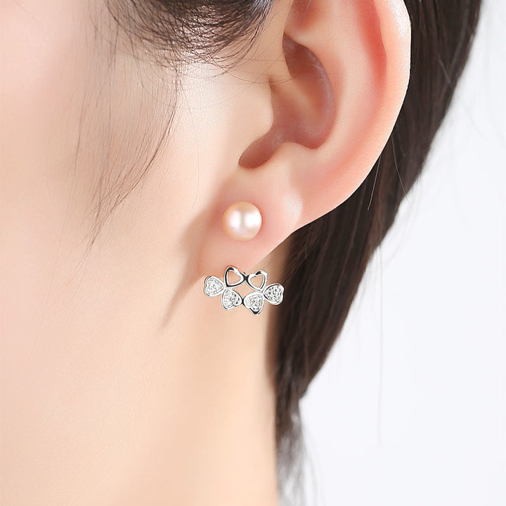 Hollow Heart & Bowknot Pearl Studs | 925 Sterling Silver