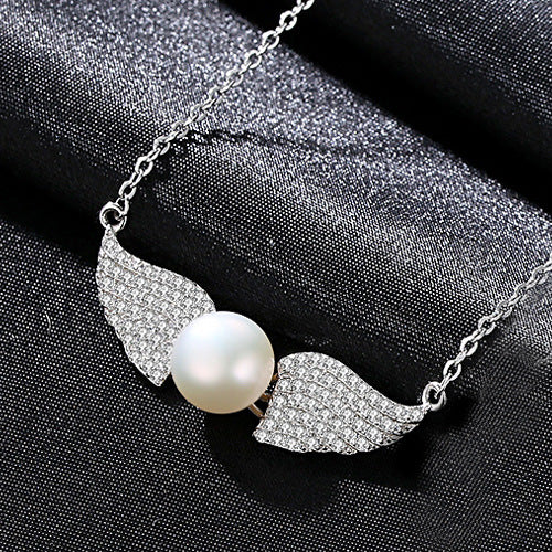 Freshwater Pearl & Angel Wings Pendant | Silver Necklace
