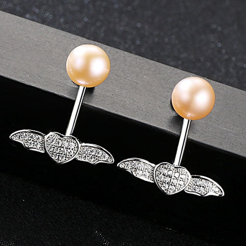 Heart Wings & Pearl Stud Earrings | 925 Sterling Silver