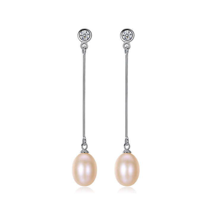 Bezel Set CZ & Pearl Long Dangle Earrings | Sterling Silver
