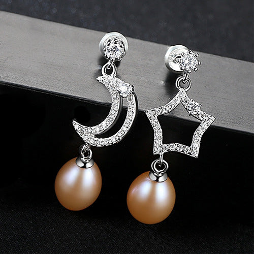 Moon & Star CZ Pearl Drop Earrings | 925 Sterling Silver