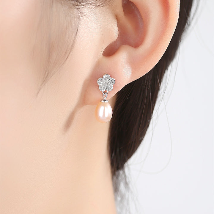 Halo CZ Diamond Flower & Pearl Drop Earrings | Sterling Silver