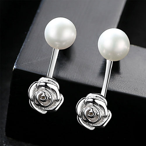 Cute Rose & Pearl Stud Earrings | 925 Sterling Silver 