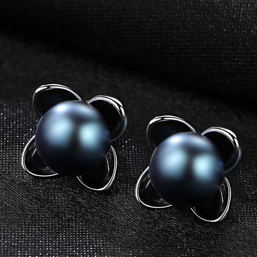 Four Leaf Clover & Black Pearl Studs | Sterling Silver Charm