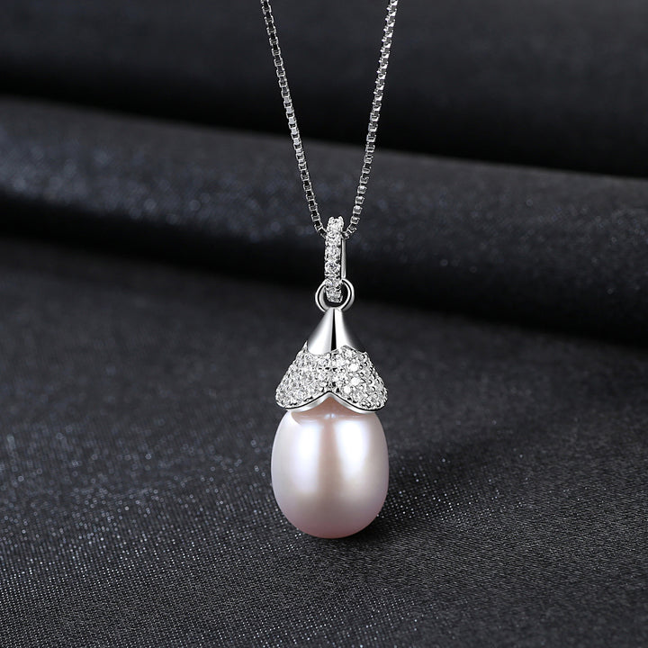 Natural Freshwater Pearl Necklace Small Birthday Hat Halo CZ Diamond Pendant Necklace