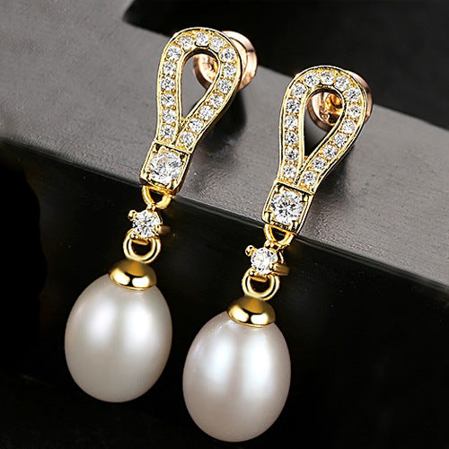 Pear Halo CZ Diamond & Pearl Dangle Studs | Silver Elegance
