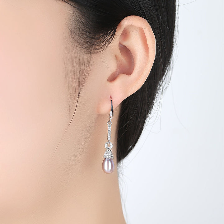 CZ Diamond & Pearl Long Dangle Earrings | Sterling Silver