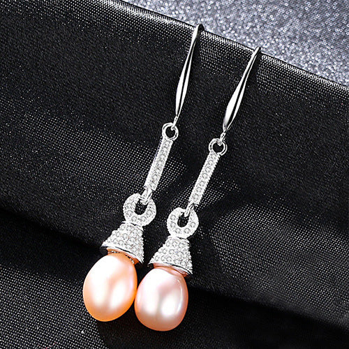 CZ Diamond & Pearl Long Dangle Earrings | Sterling Silver