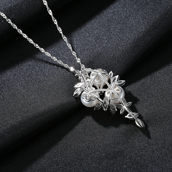 Triple Pearl Blossom Pendant Necklace - 925 Sterling Silver