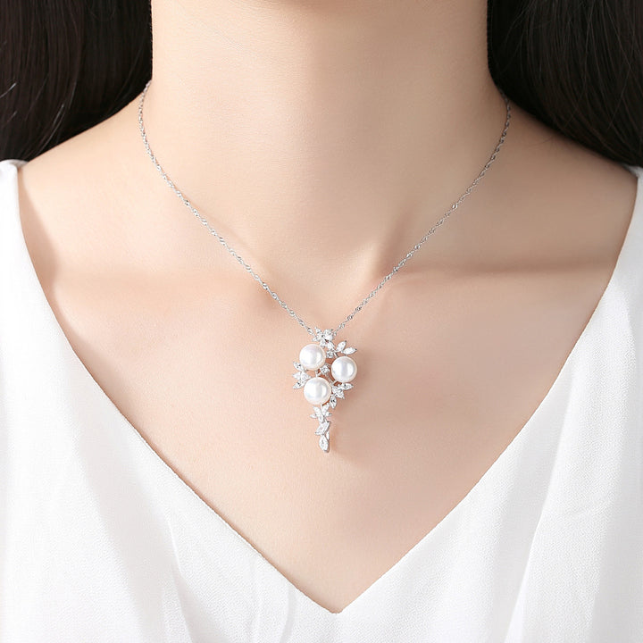 Triple Pearl Blossom Pendant Necklace - 925 Sterling Silver