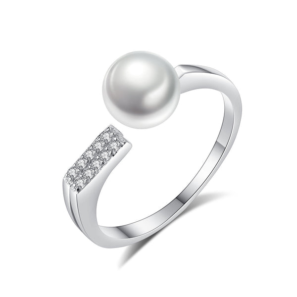 Dazzling Double Row CZ Diamond & Pearl Ring | Sterling Silver
