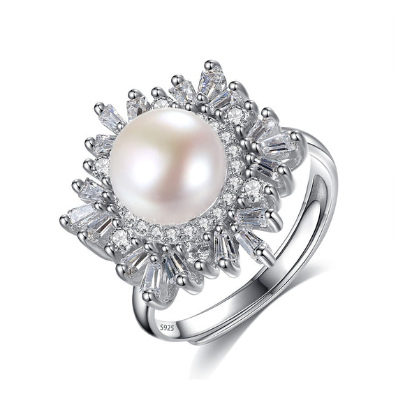 Snowflake-Inspired CZ Diamond & Pearl Ring | Sterling Silver