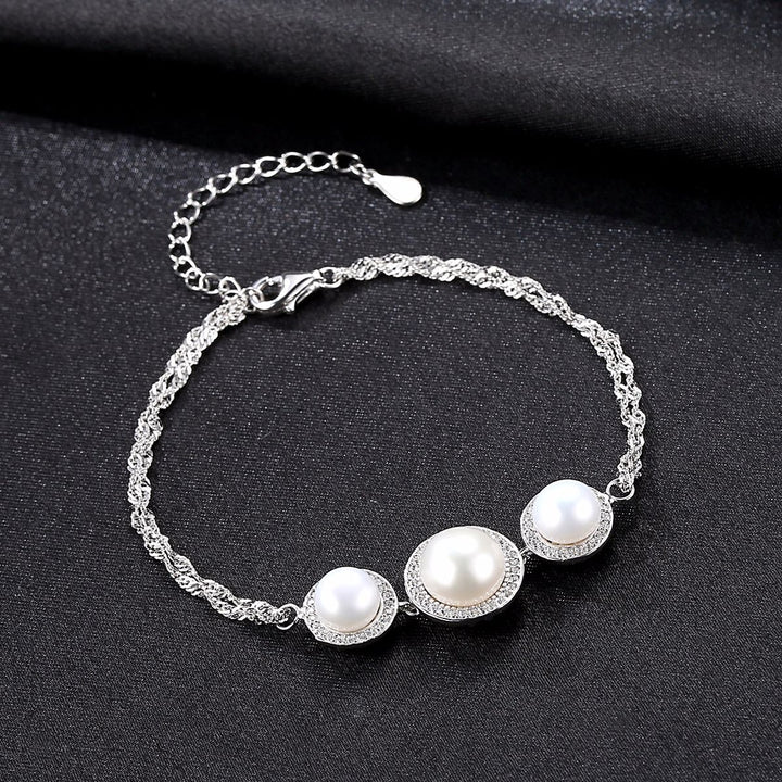 3 Pearls Halo CZ Diamond Chain Bracelet | Sterling Silver