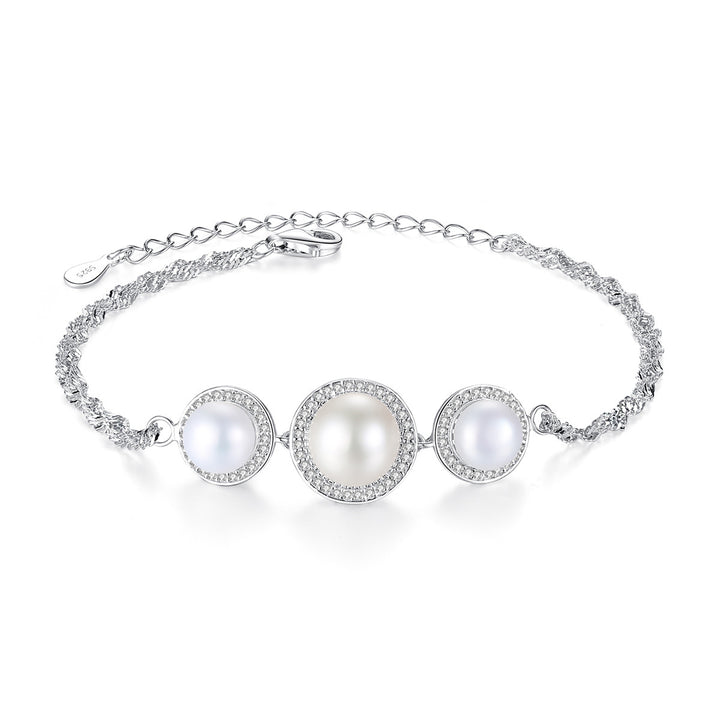 3 Pearls Halo CZ Diamond Chain Bracelet | Sterling Silver