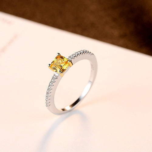Square Yellow CZ Diamond Solitaire Engagement Wedding Ring