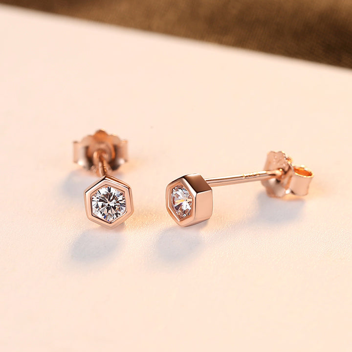Rose Gold Hexagon Bezel Set Stud Earrings | Silver & Gold Plated