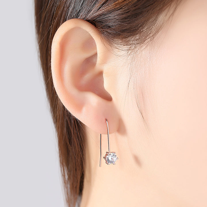 Rose Gold 6 Prongs Solitaire Hook Drop Earrings | Silver