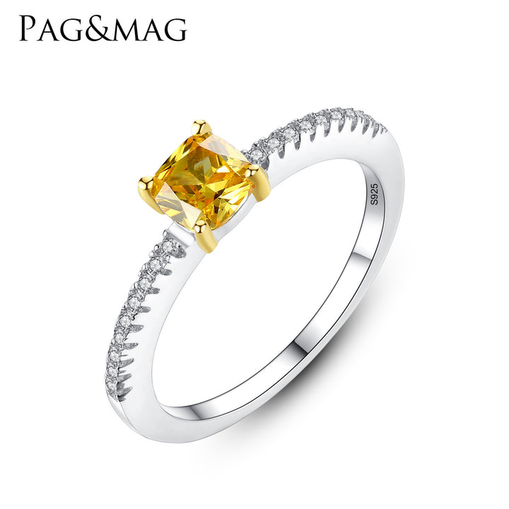 Square Yellow CZ Diamond Solitaire Engagement Wedding Ring