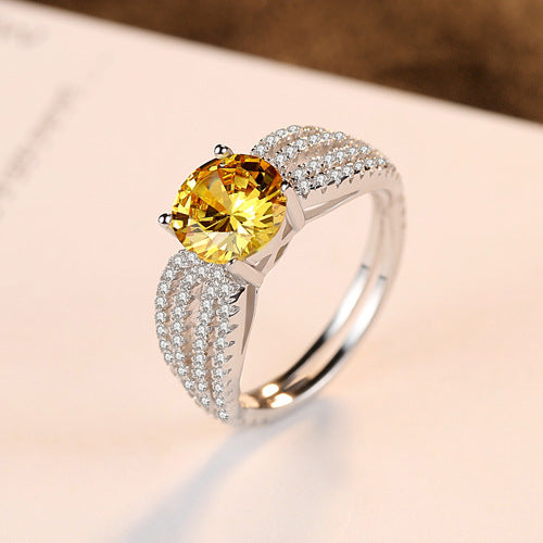 Four Row Yellow CZ Diamond Solitaire Engagement Wedding Ring