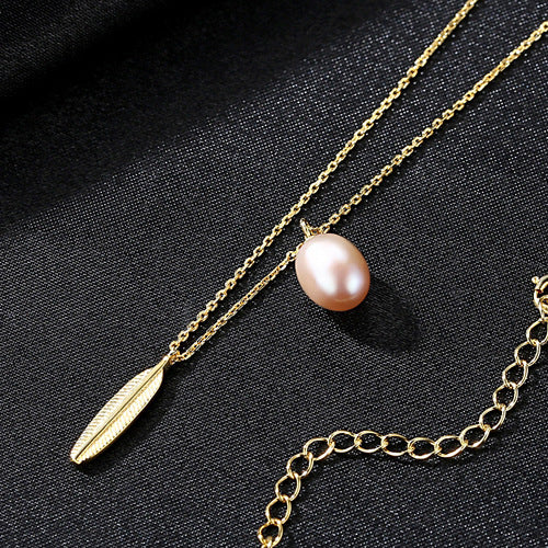 Freshwater Pearl & Sterling Silver Feather Pendant Necklace