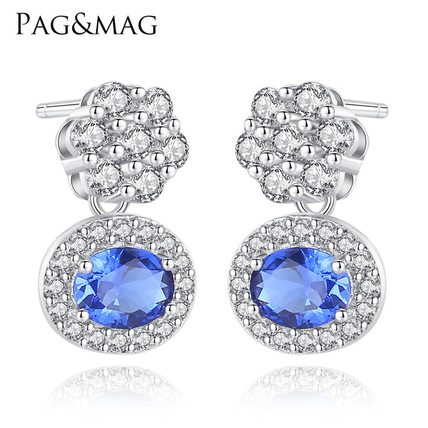 Round Sapphire Gemstone Halo CZ Diamond Dangle Stud Earrings 