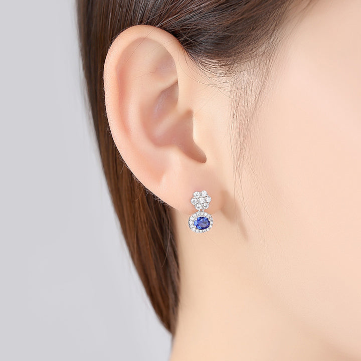 Round Sapphire Gemstone Halo CZ Diamond Dangle Stud Earrings 