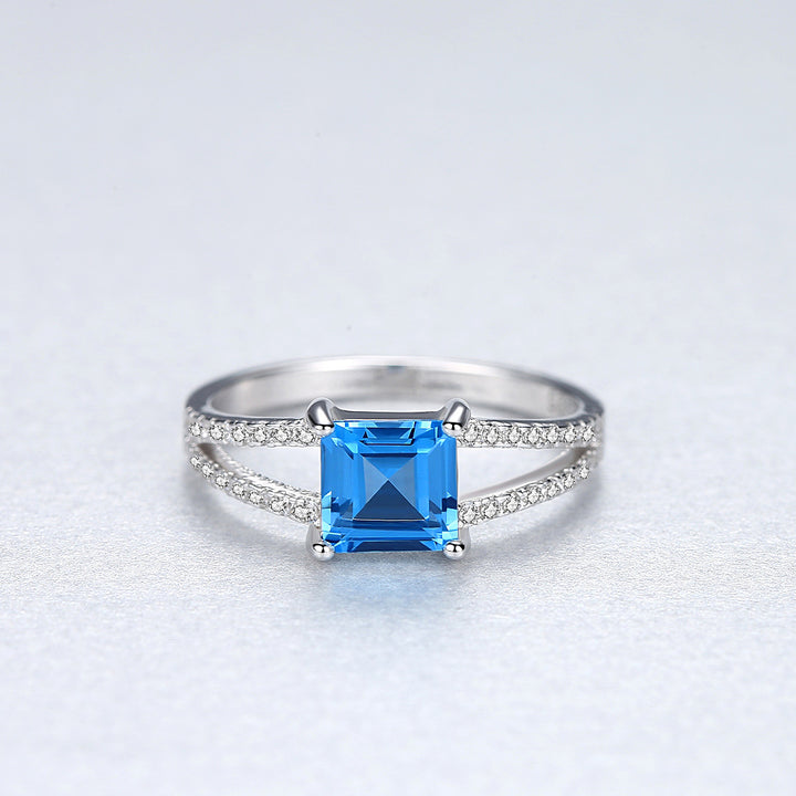 Sky Blue Square Gemstone Double Row CZ Diamond Wedding Ring 
